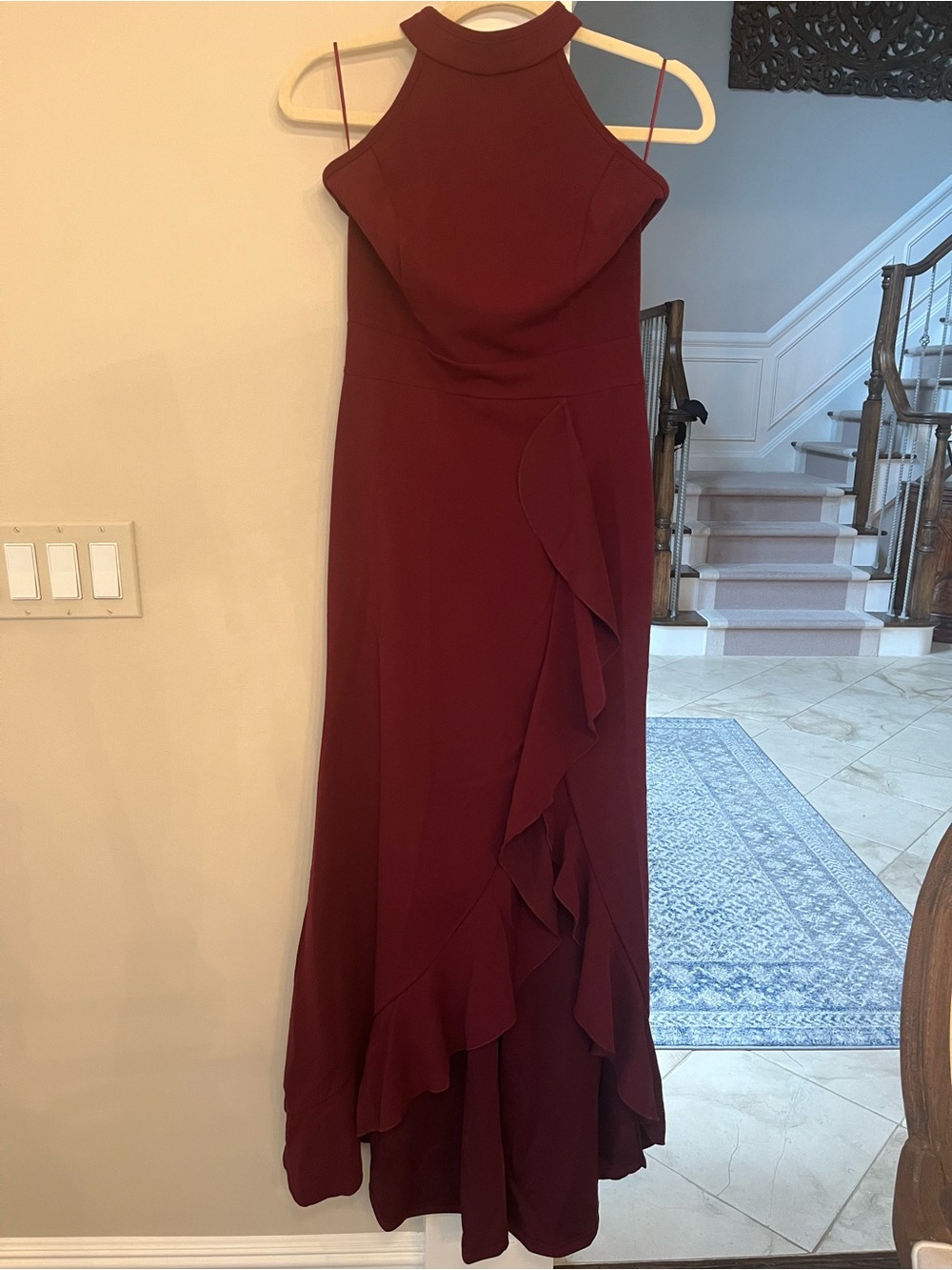 WOOSEA Burgundy Halter Maxi Dress Small Ruffle Slit Formal Gown NWT